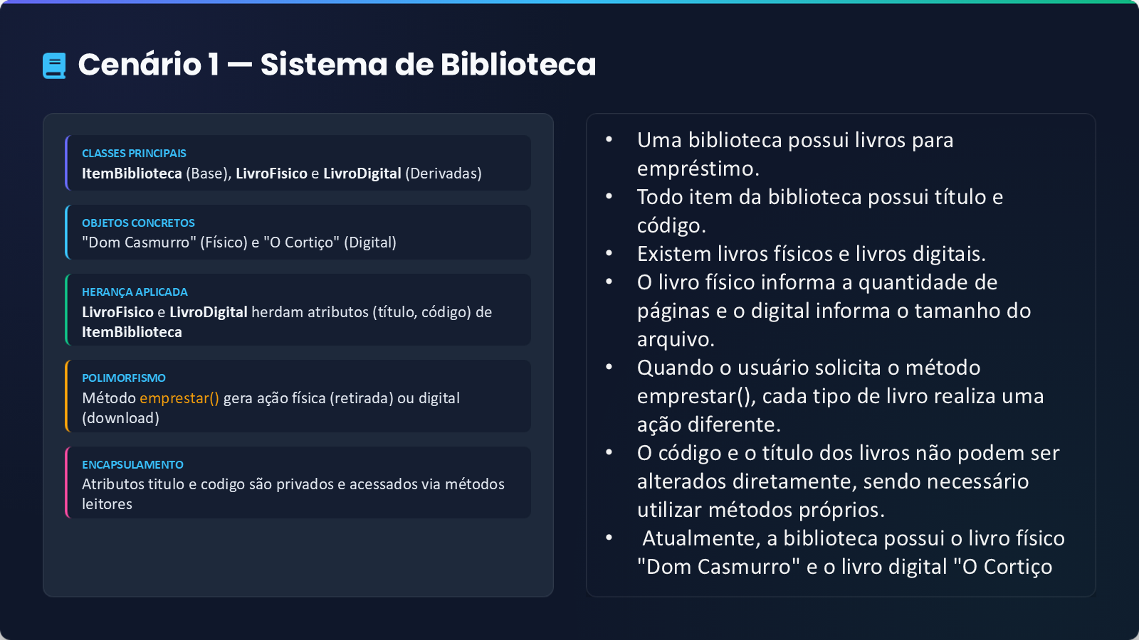 Slide 3 de 12: cenário sistema de biblioteca