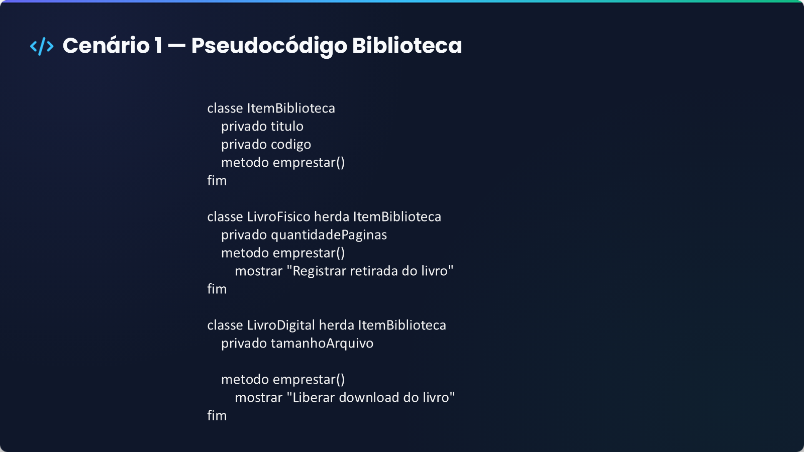 Slide 4 de 12: pseudocódigo do sistema de biblioteca