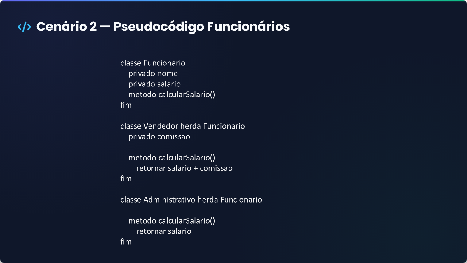 Slide 6 de 12: pseudocódigo do sistema de funcionários