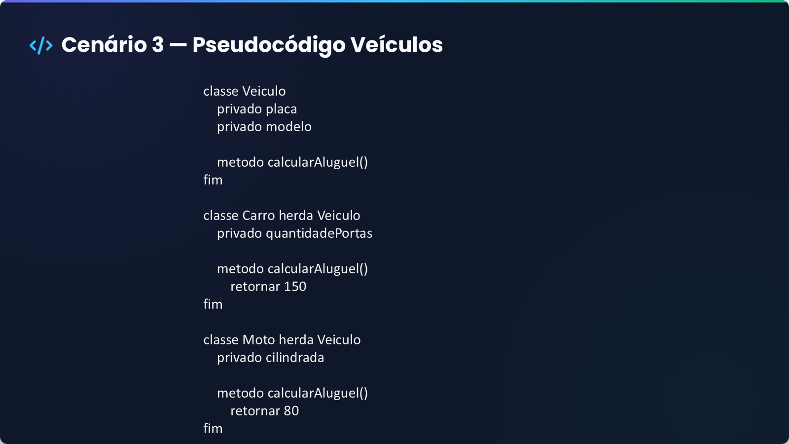 Slide 8 de 12: pseudocódigo do sistema de veículos