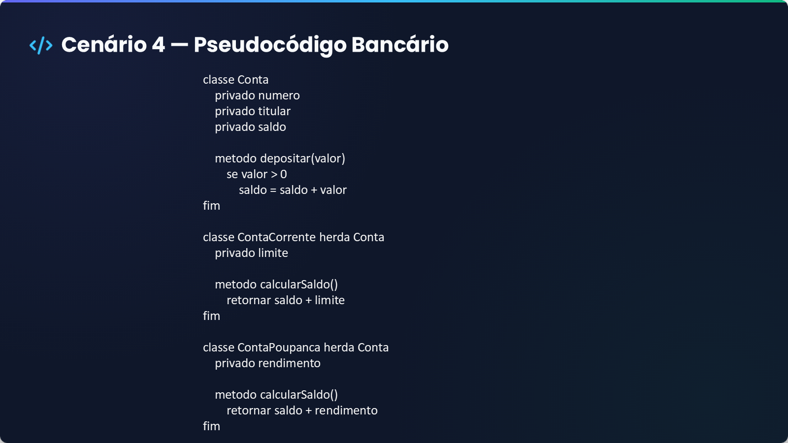 Slide 10 de 12: pseudocódigo do sistema bancário