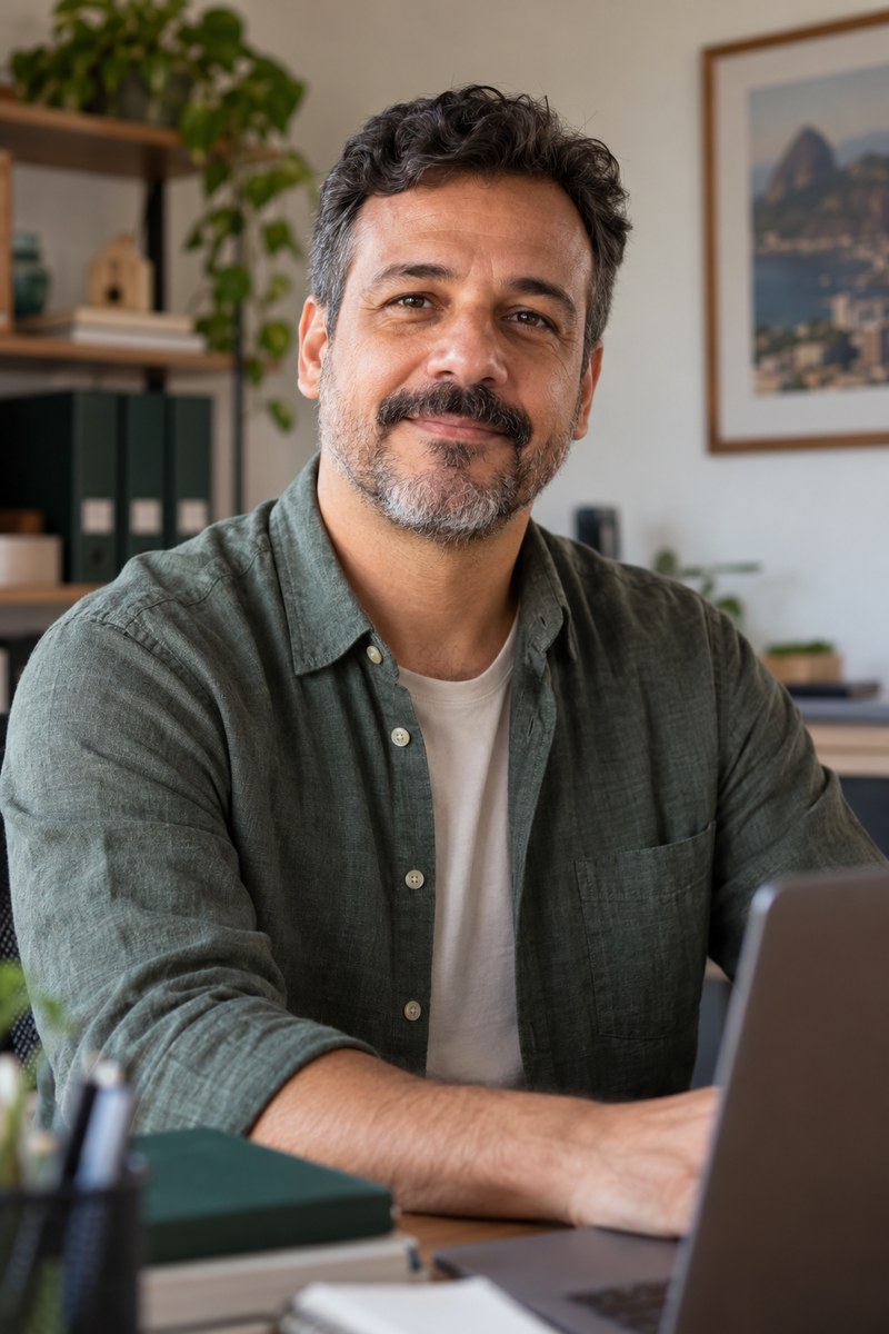 Retrato ilustrativo da persona Carlos Mendes em seu escritório